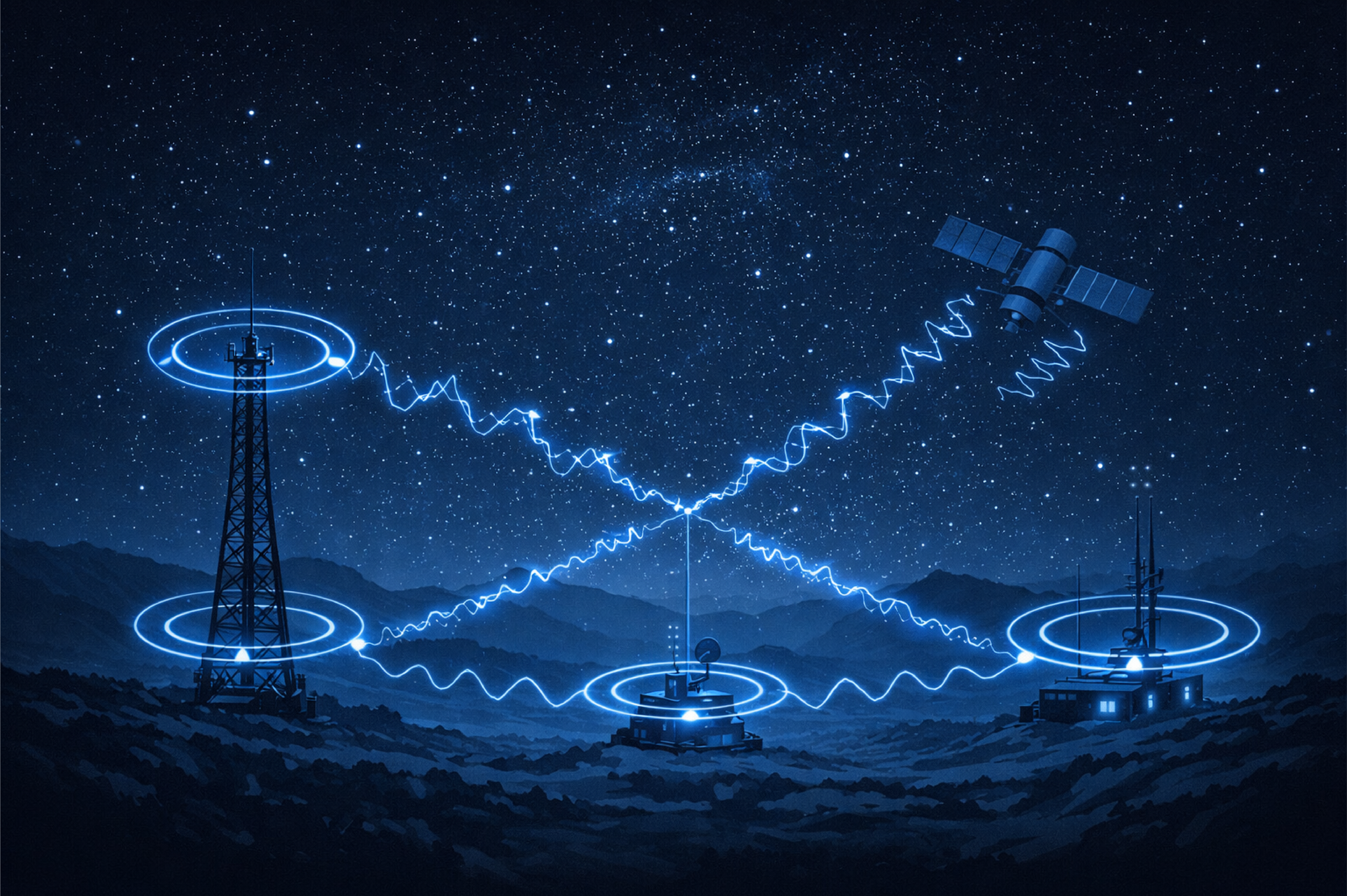 Communications synchronization network with radio towers, satellite, and aligned signals